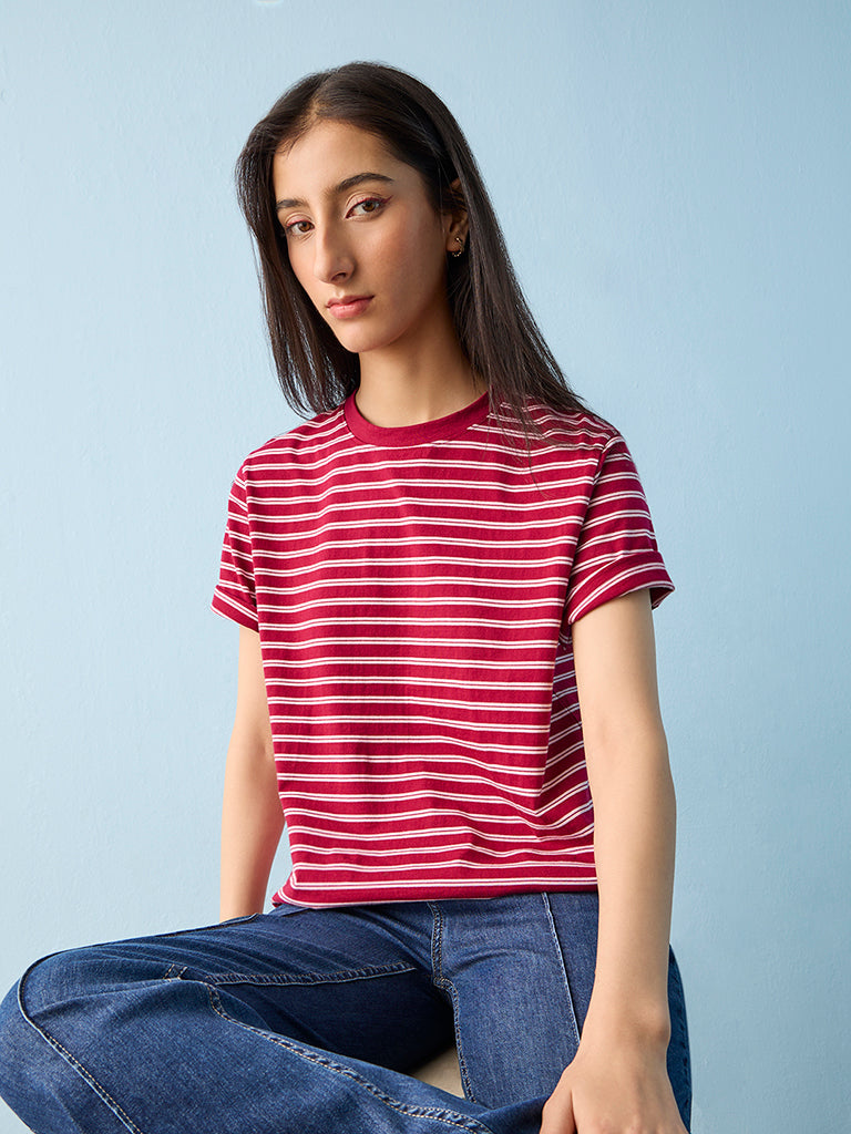 Nuon Red Striped Cotton T-Shirt