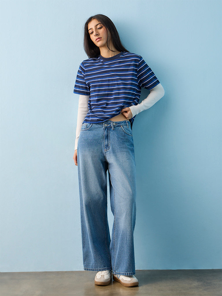 Nuon Blue Striped Cotton T-Shirt