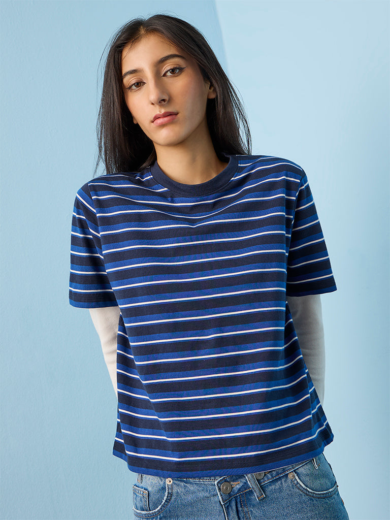 Nuon Blue Striped Cotton T-Shirt