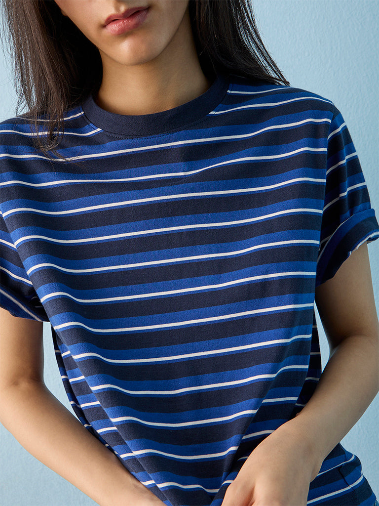 Nuon Blue Striped Cotton T-Shirt