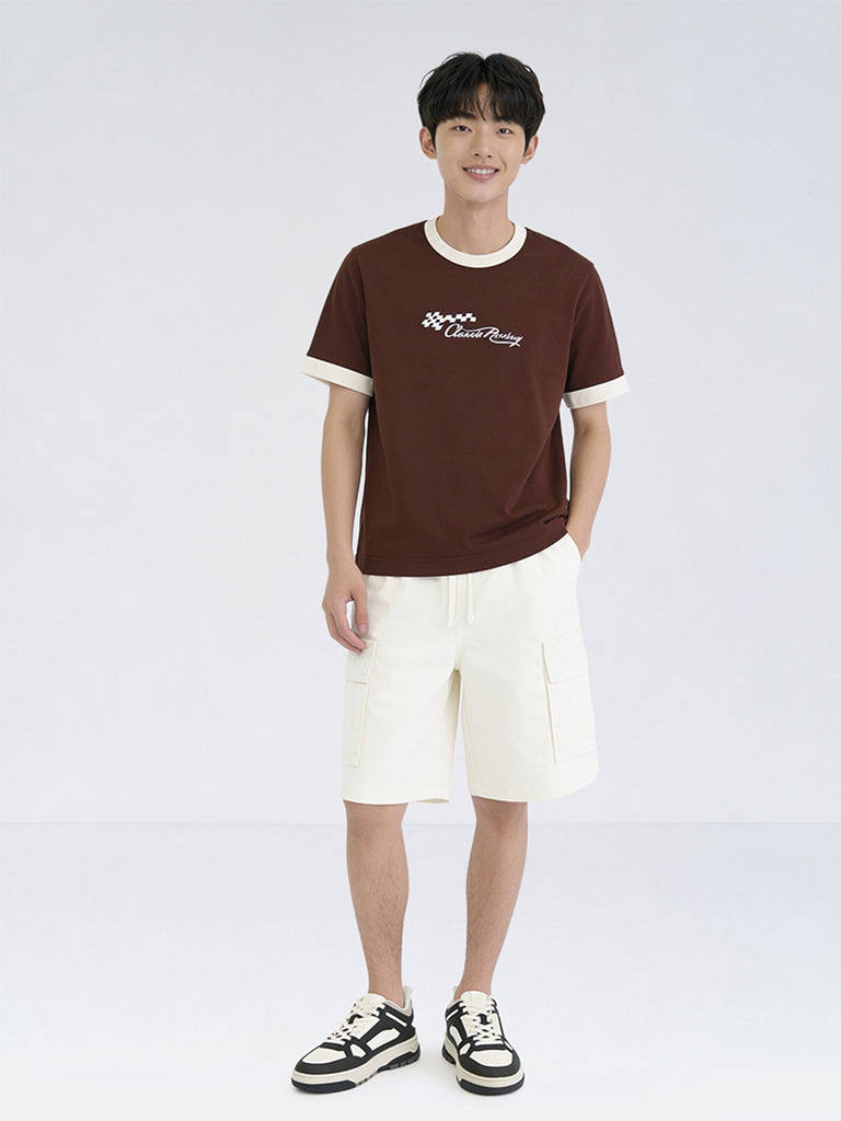 Boys Brown Text-Detailed Cotton T-Shirt