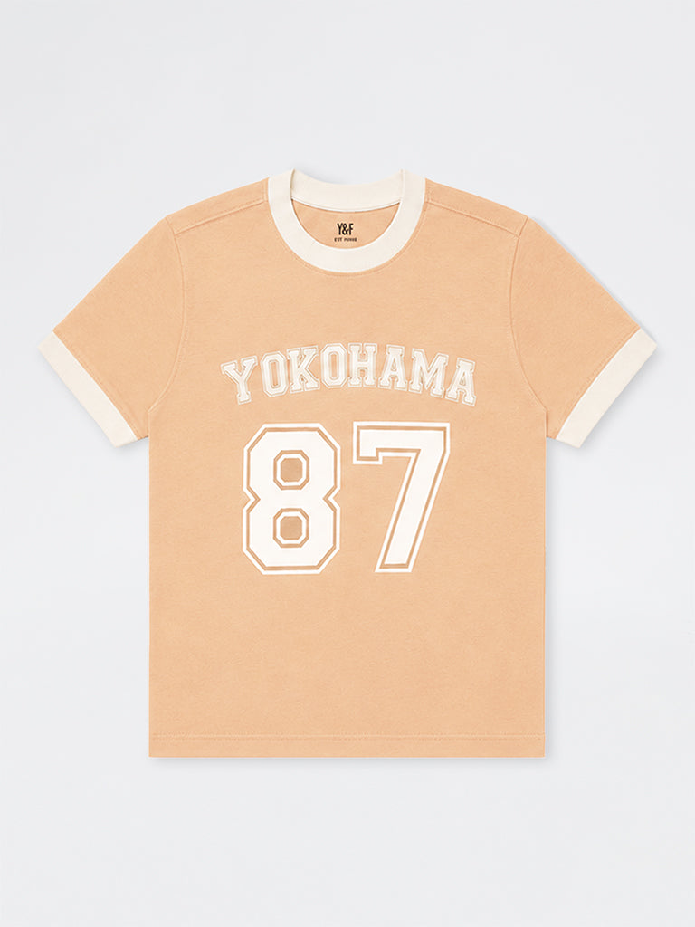 Boys Peach Numerical Printed Cotton T-Shirt