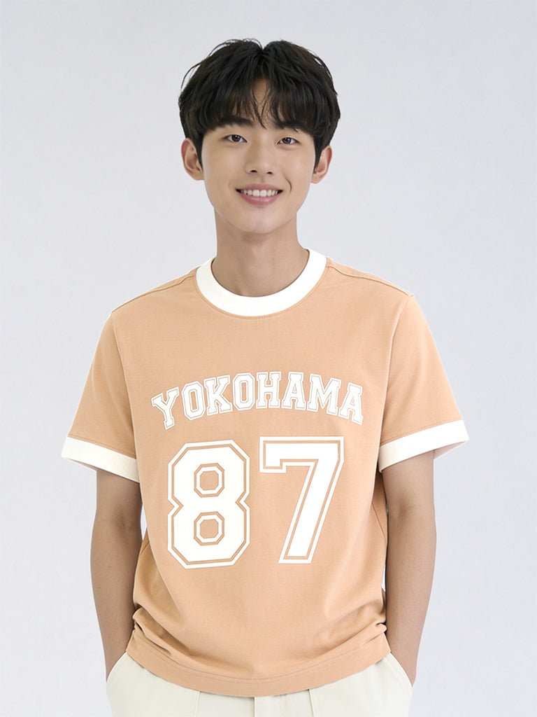Boys Peach Numerical Printed Cotton T-Shirt