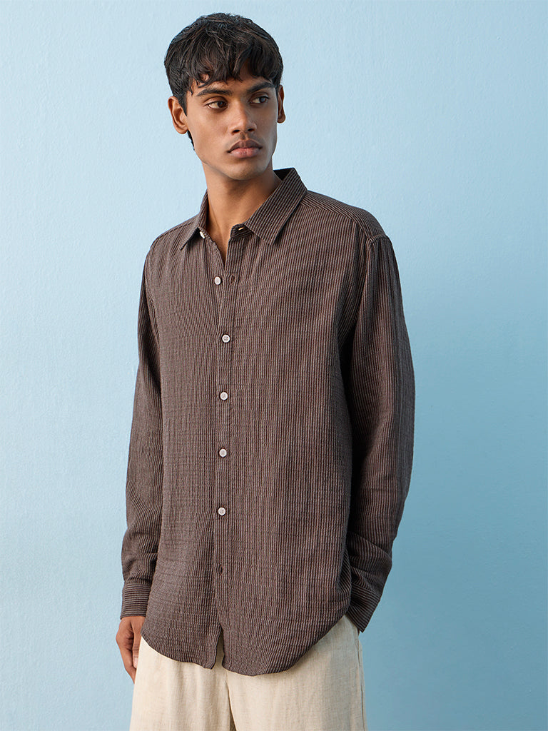 ETA Dark Brown Striped Relaxed-Fit Cotton Shirt