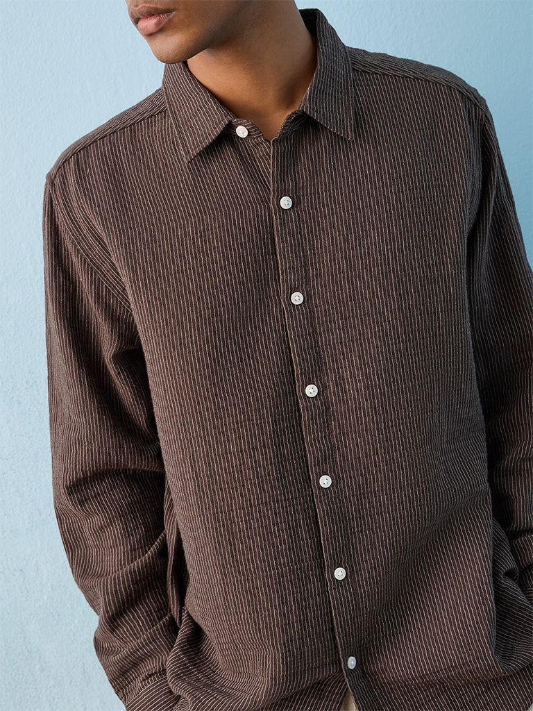 ETA Dark Brown Striped Relaxed-Fit Cotton Shirt