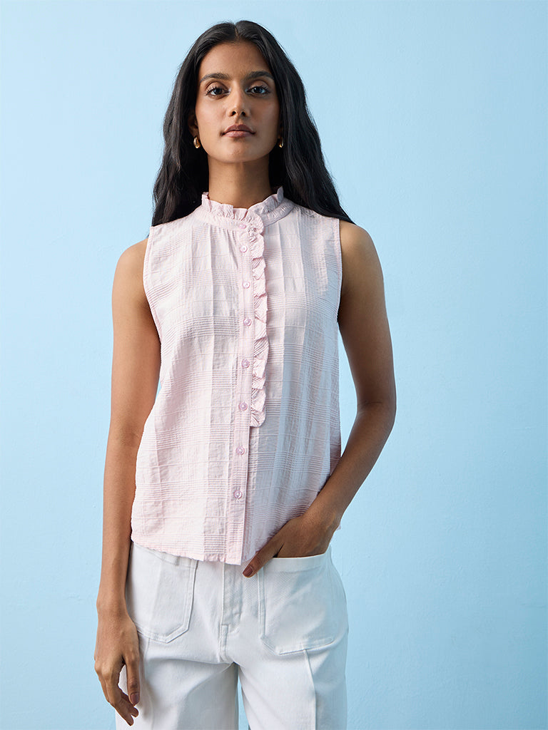 LOV Light Pink Ruffle-Detail Cotton Blouse