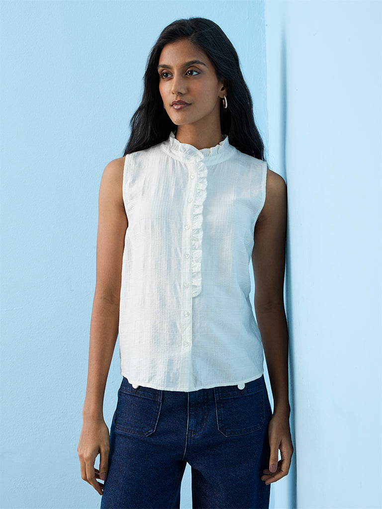 LOV Off-White Ruffle-Detail Cotton Blouse