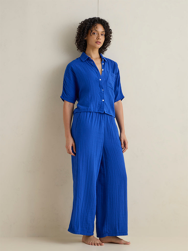 Wunderlove Blue Crinkle-Textured Beach Cotton Shirt