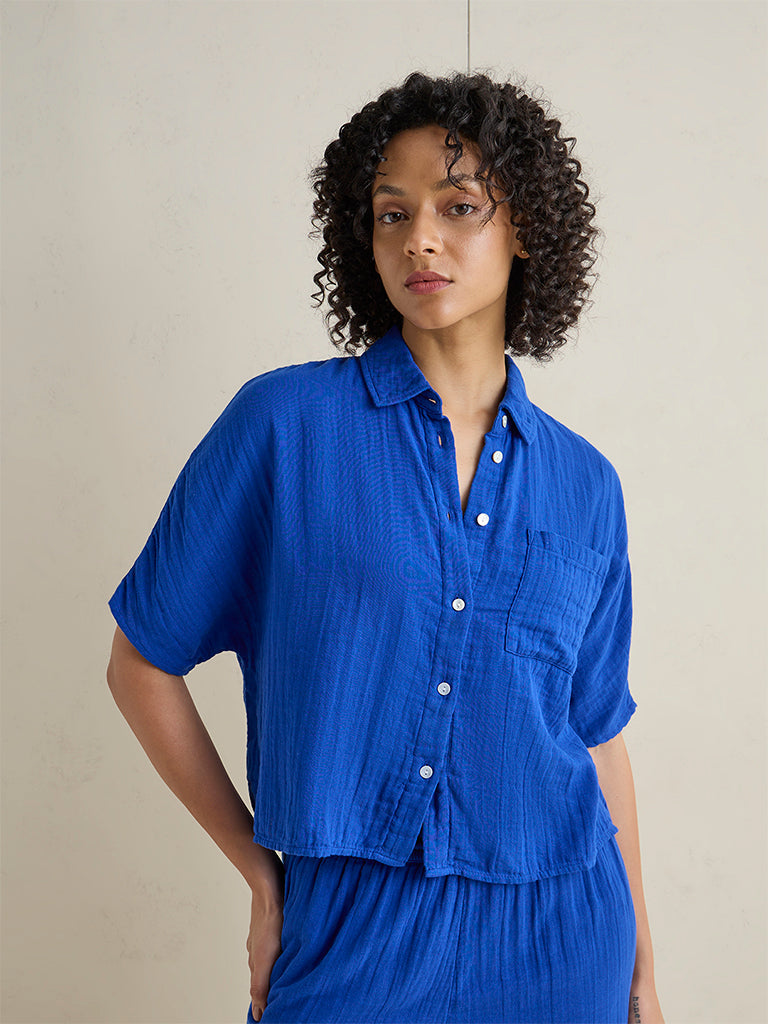 Wunderlove Blue Crinkle-Textured Beach Cotton Shirt