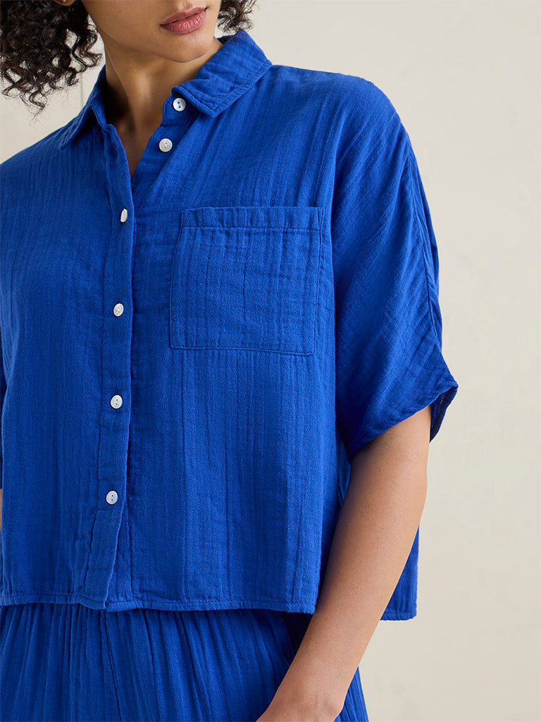 Wunderlove Blue Crinkle-Textured Beach Cotton Shirt