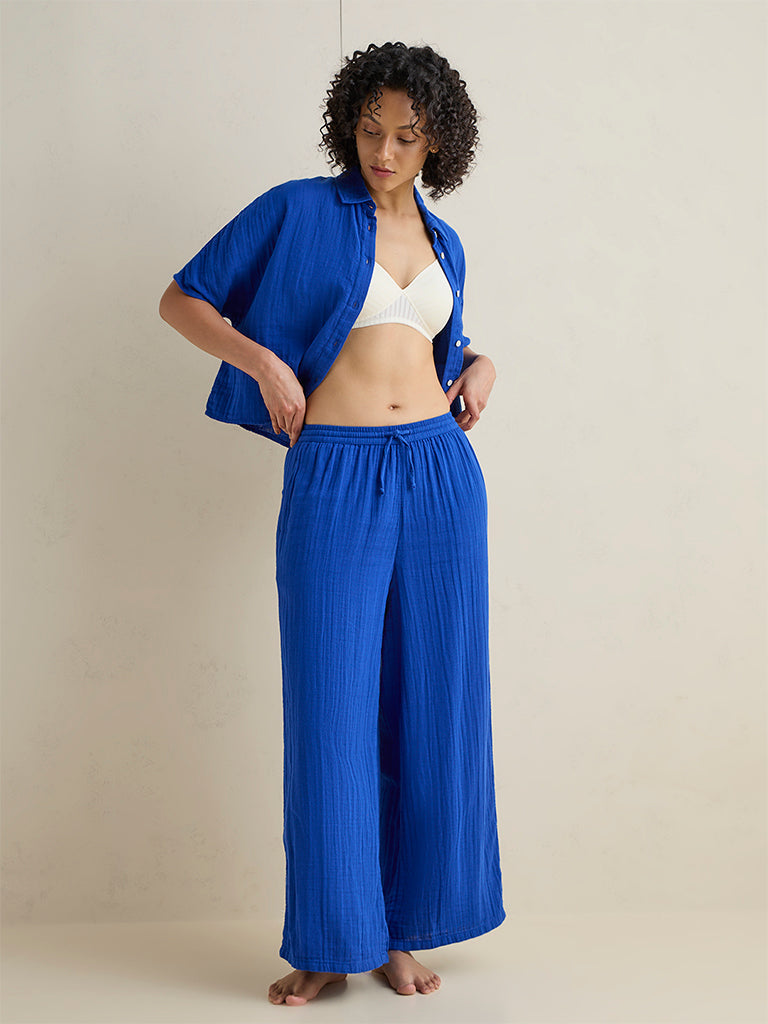 Wunderlove Navy Crinkle Textured High-Rise Cotton Beach Pants