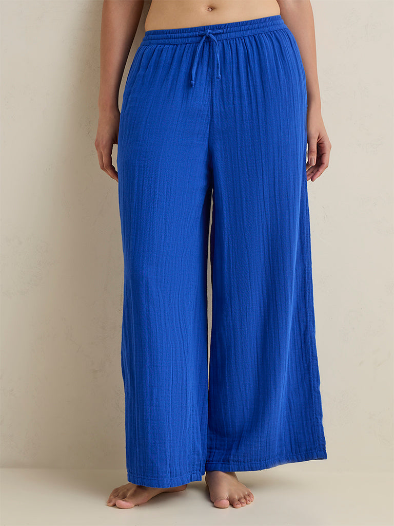 Wunderlove Navy Crinkle Textured High-Rise Cotton Beach Pants