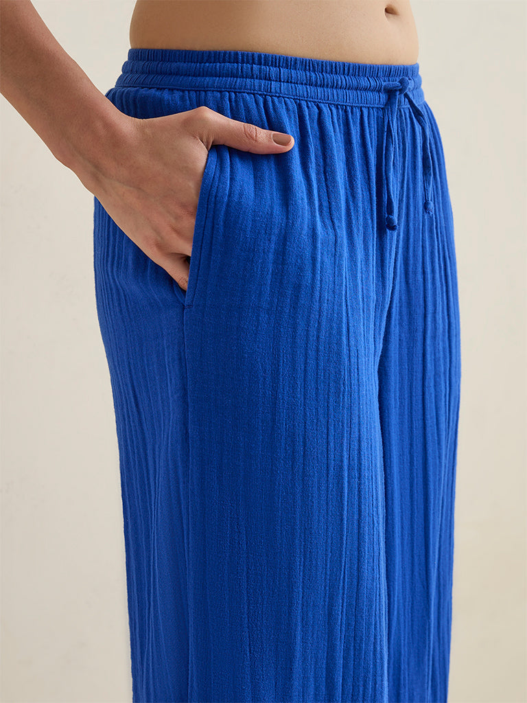 Wunderlove Navy Crinkle Textured High-Rise Cotton Beach Pants