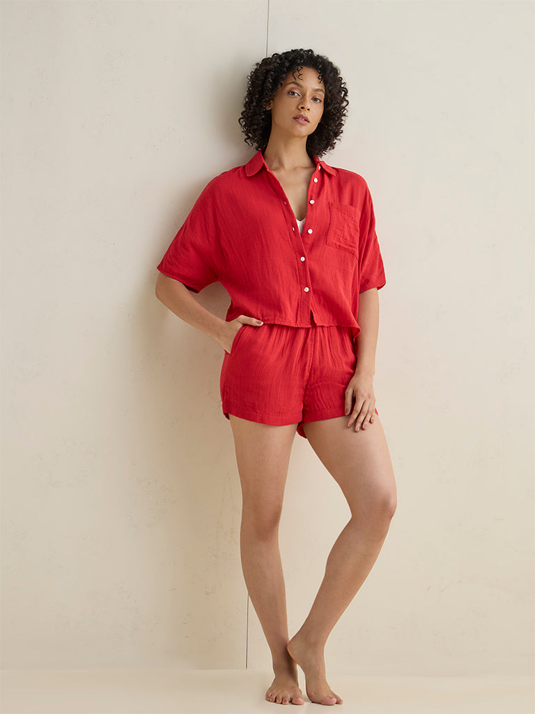 Wunderlove Red Crinkle Textured Cotton Beach Shirt