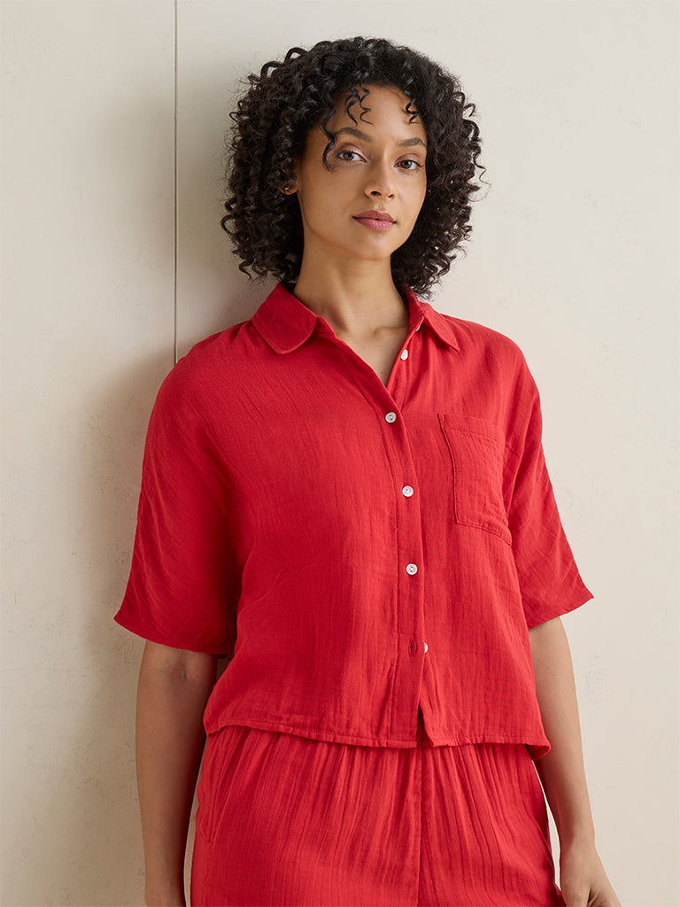 Wunderlove Red Crinkle Textured Cotton Beach Shirt