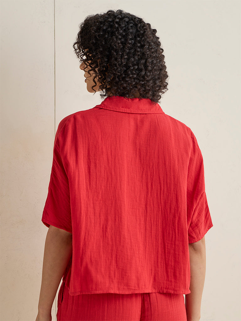 Wunderlove Red Crinkle Textured Cotton Beach Shirt