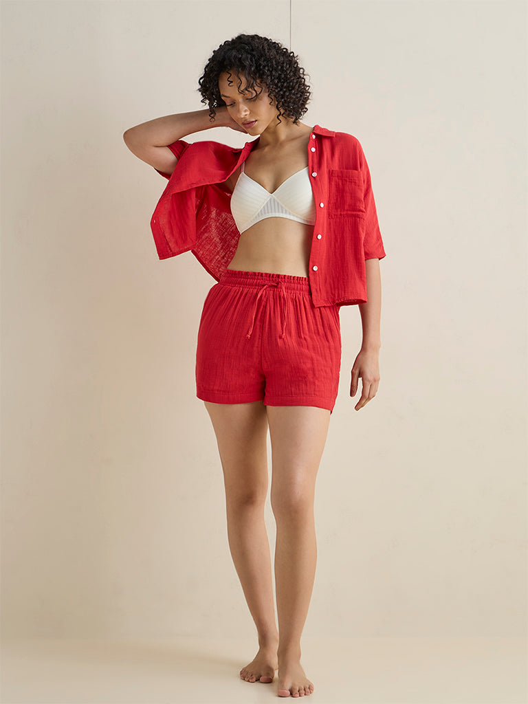 Wunderlove Red Crinkle Textured High-Rise Cotton Beach Shorts