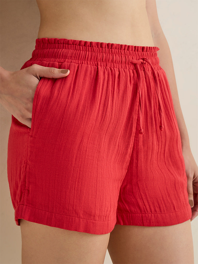 Wunderlove Red Crinkle Textured High-Rise Cotton Beach Shorts