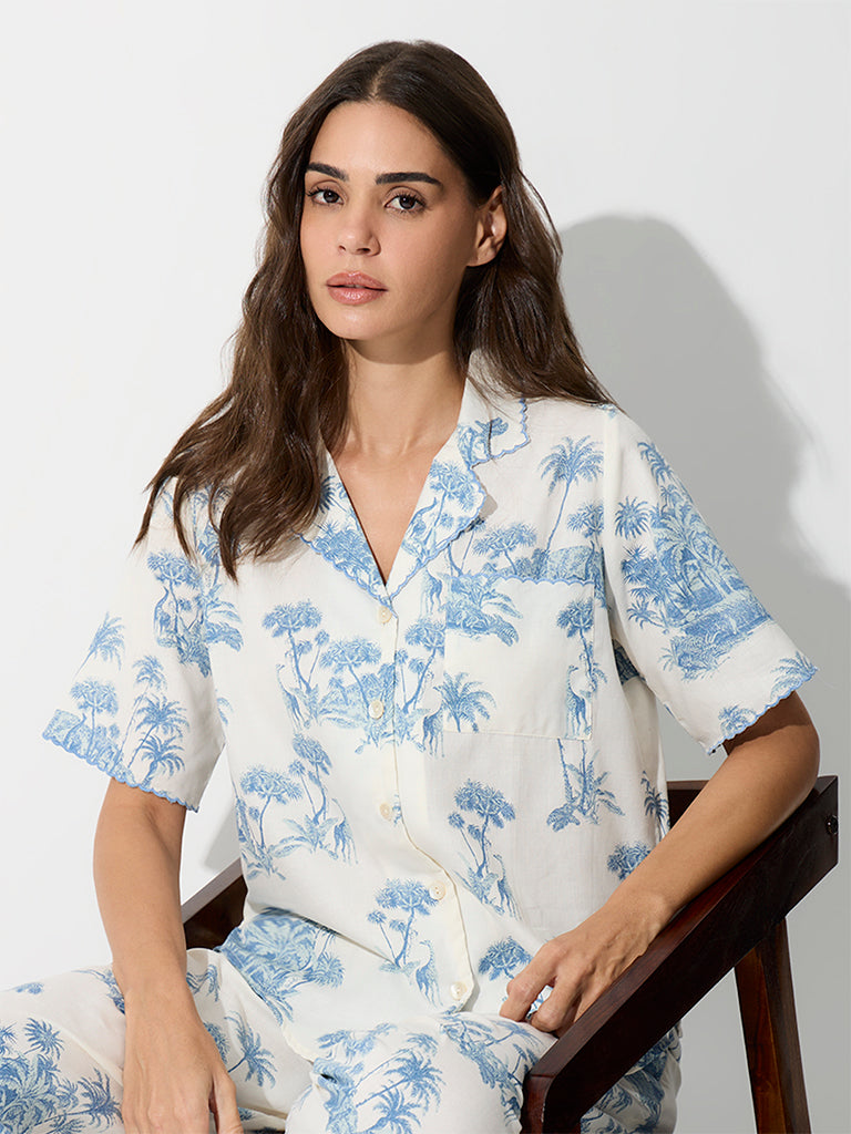 Wunderlove White Tropical Printed Cotton Shirt and Pyjamas Set