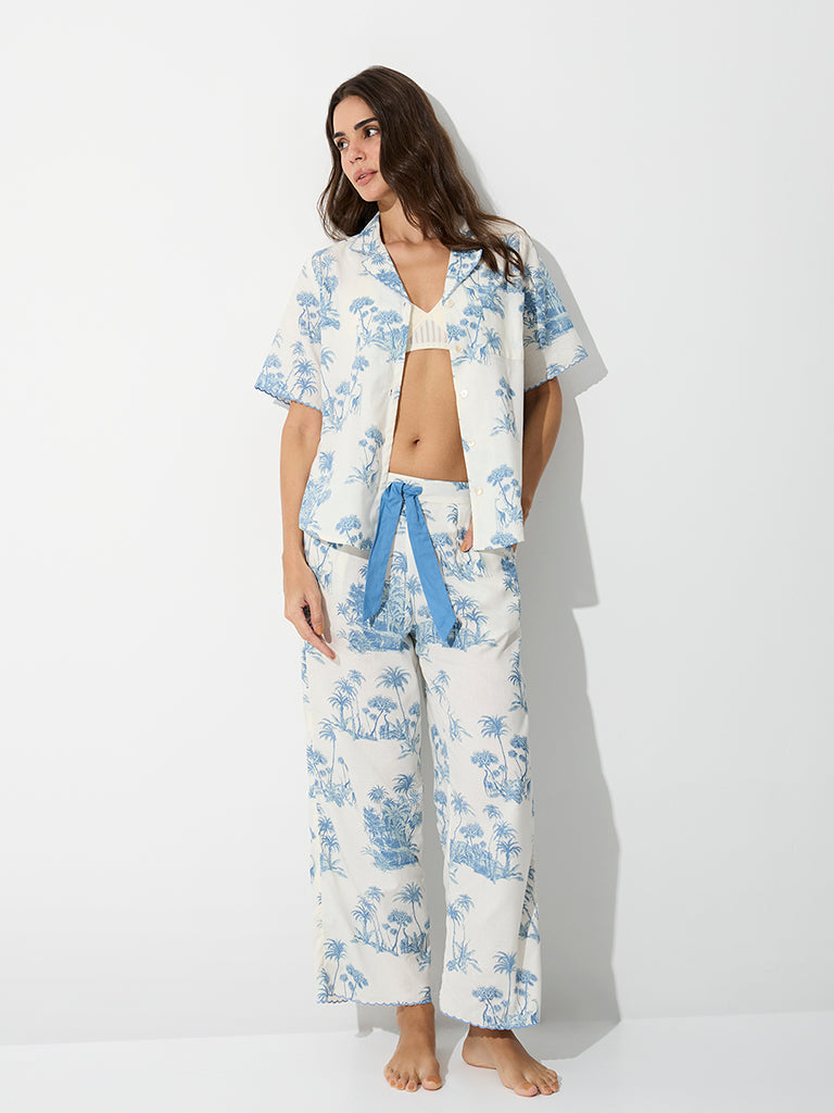 Wunderlove White Tropical Printed Cotton Shirt and Pyjamas Set