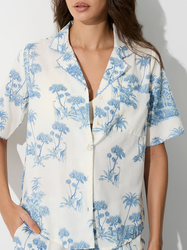 Wunderlove White Tropical Printed Cotton Shirt and Pyjamas Set