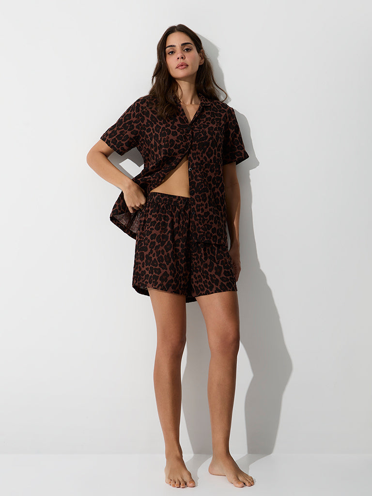Wunderlove Brown Animal Printed Cotton Shirt and Shorts Set