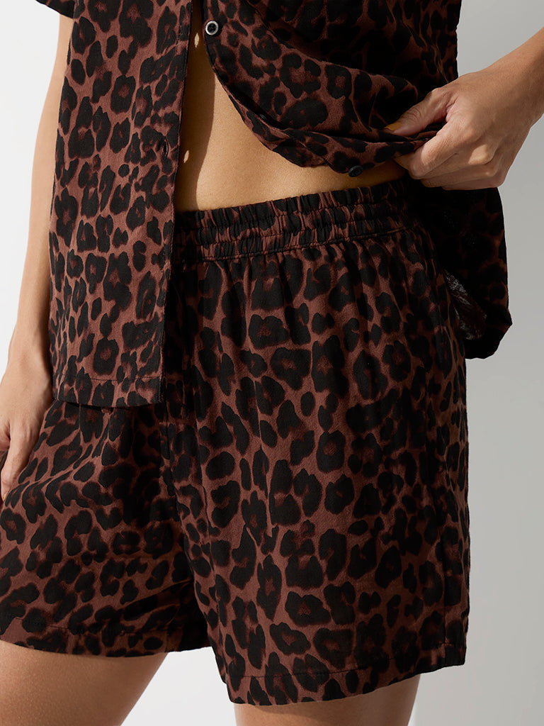 Wunderlove Brown Animal Printed Cotton Shirt and Shorts Set