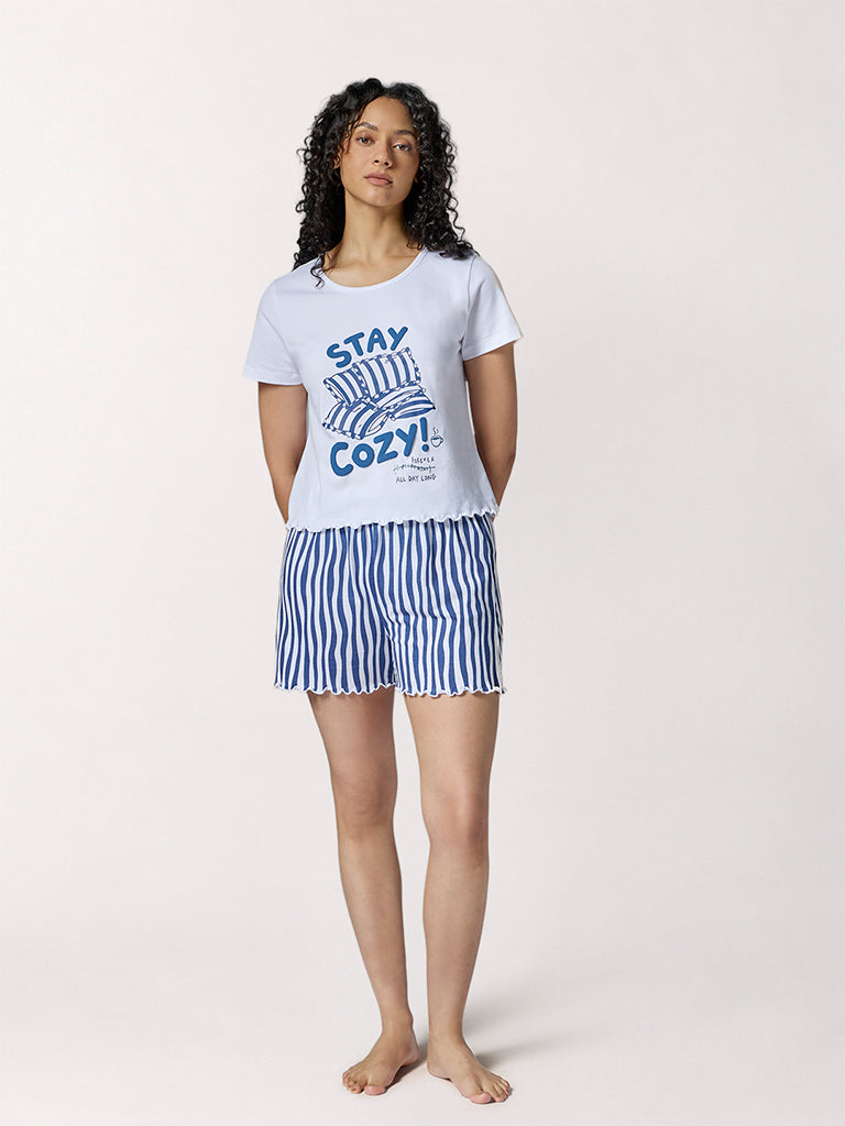 Wunderlove White Embossed Cotton T-Shirt and Shorts Set