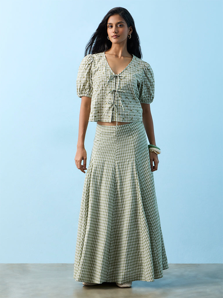 LOV Green Checkered High-Rise Cotton-Blend Skirt