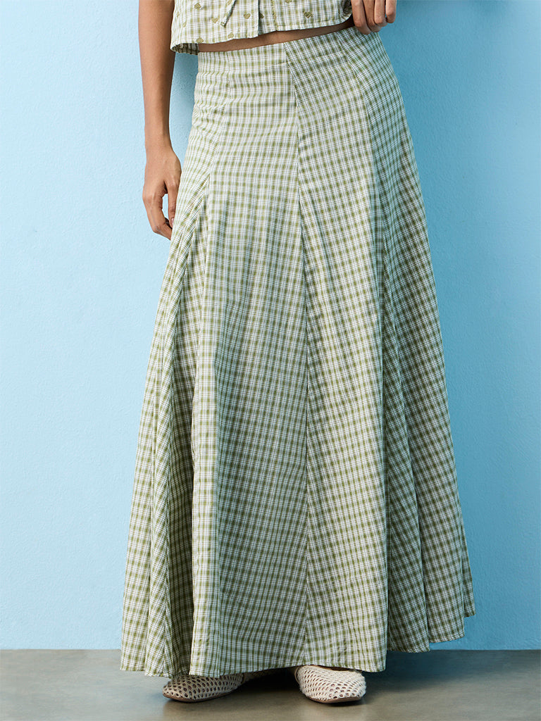 LOV Green Checkered High-Rise Cotton-Blend Skirt