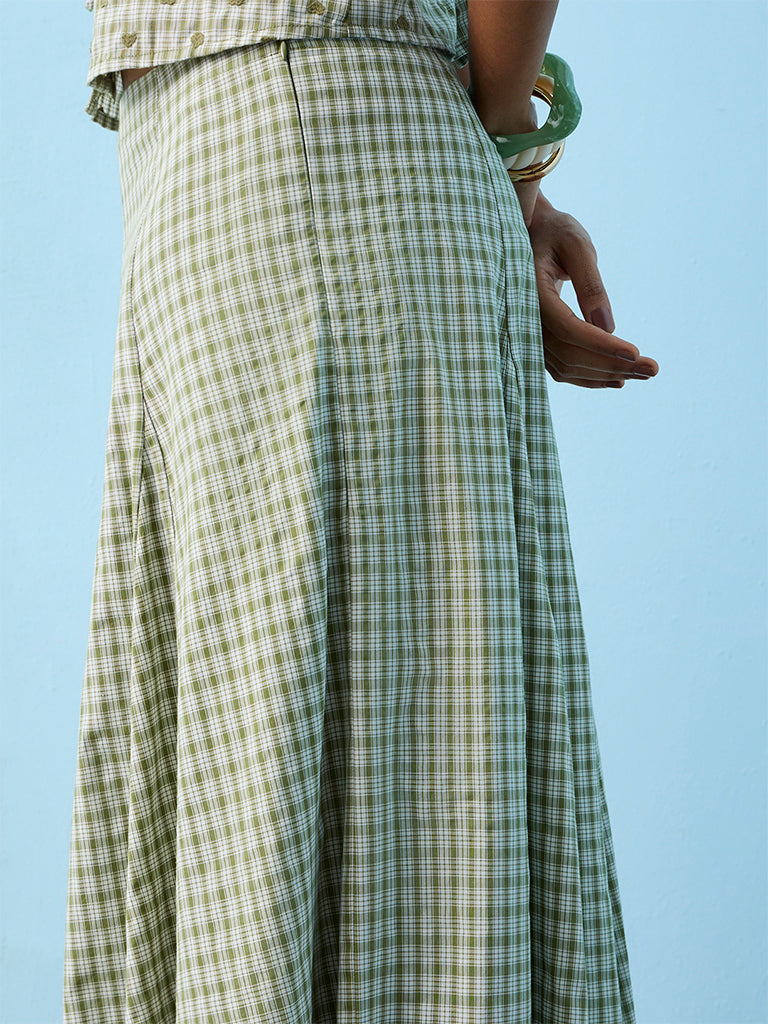 LOV Green Checkered High-Rise Cotton-Blend Skirt