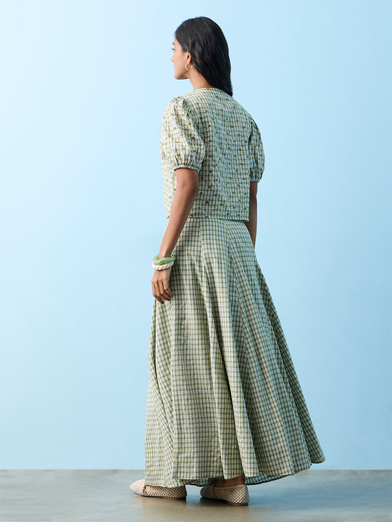 LOV Green Checkered High-Rise Cotton-Blend Skirt