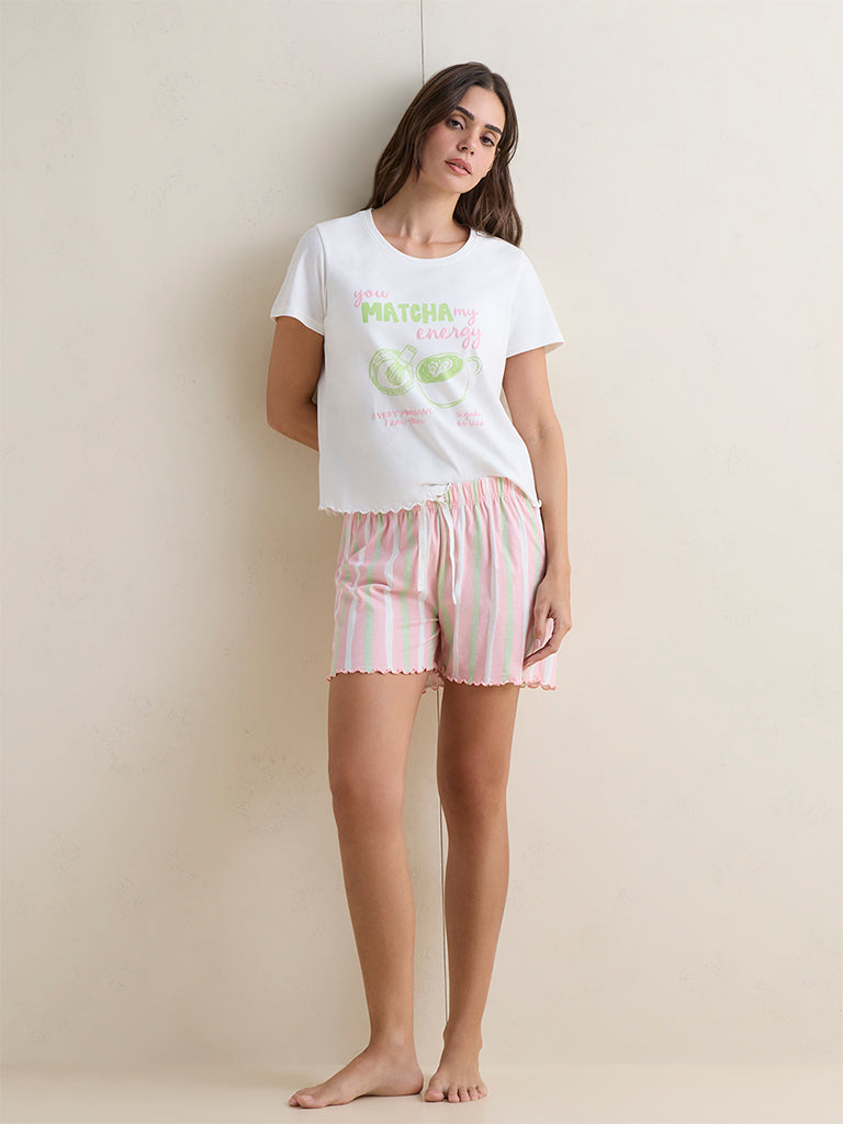 Wunderlove Ivory Text Printed Cotton T-Shirt and Shorts Sets