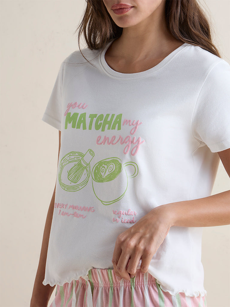 Wunderlove Ivory Text Printed Cotton T-Shirt and Shorts Sets