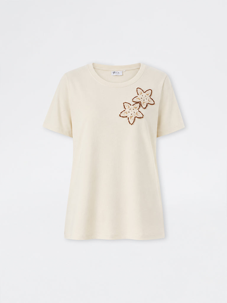 Gia Light Beige Floral Embroidered Cotton T-Shirt
