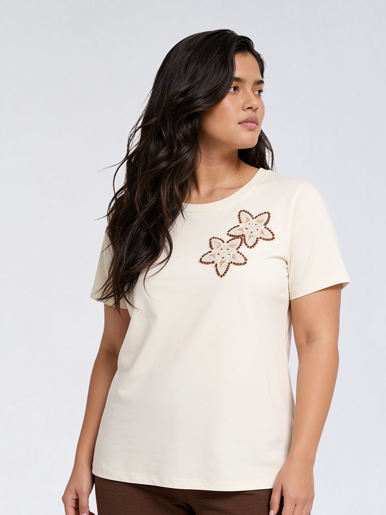 Gia Light Beige Floral Embroidered Cotton T-Shirt