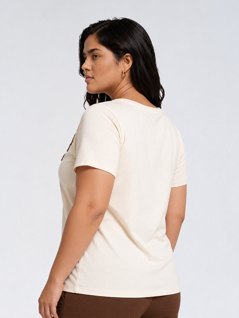 Gia Light Beige Floral Embroidered Cotton T-Shirt