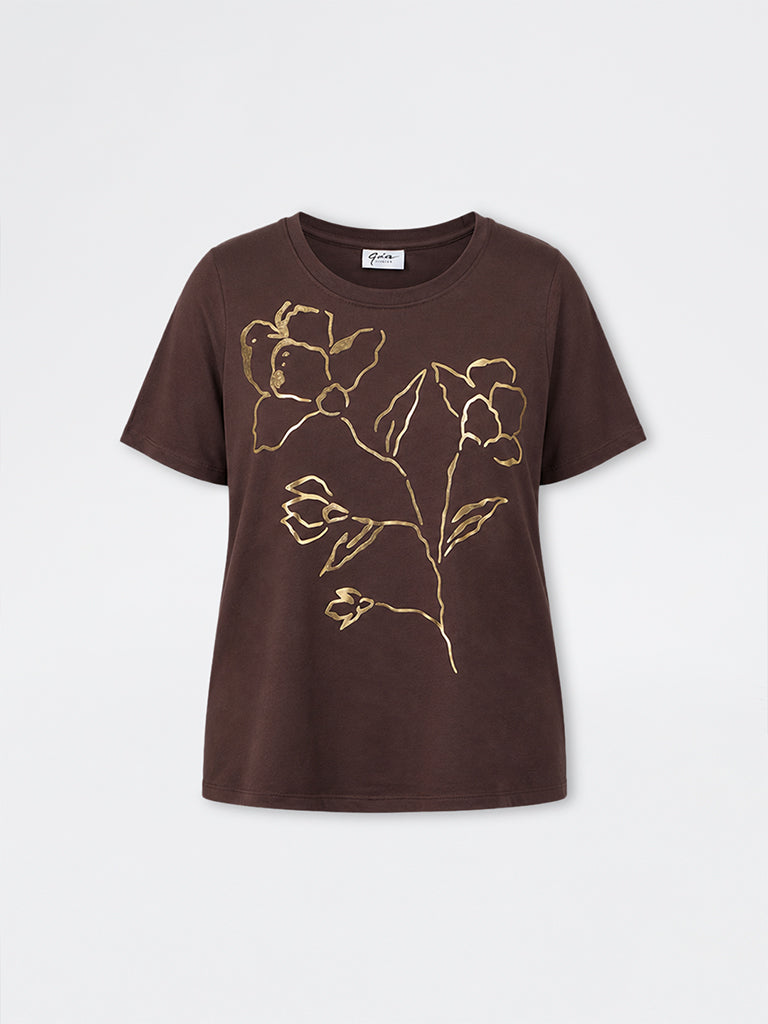 Gia Dark Brown Floral Design Cotton T-Shirt