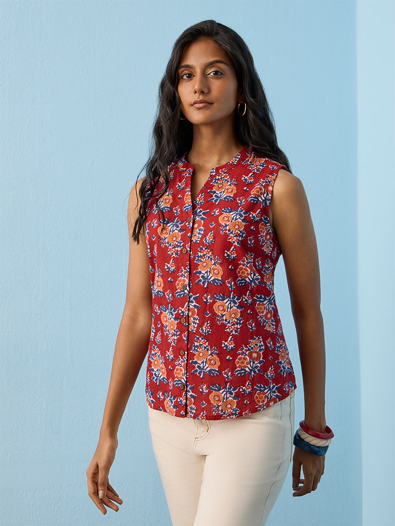Utsa Red Floral Pattern Cotton Top