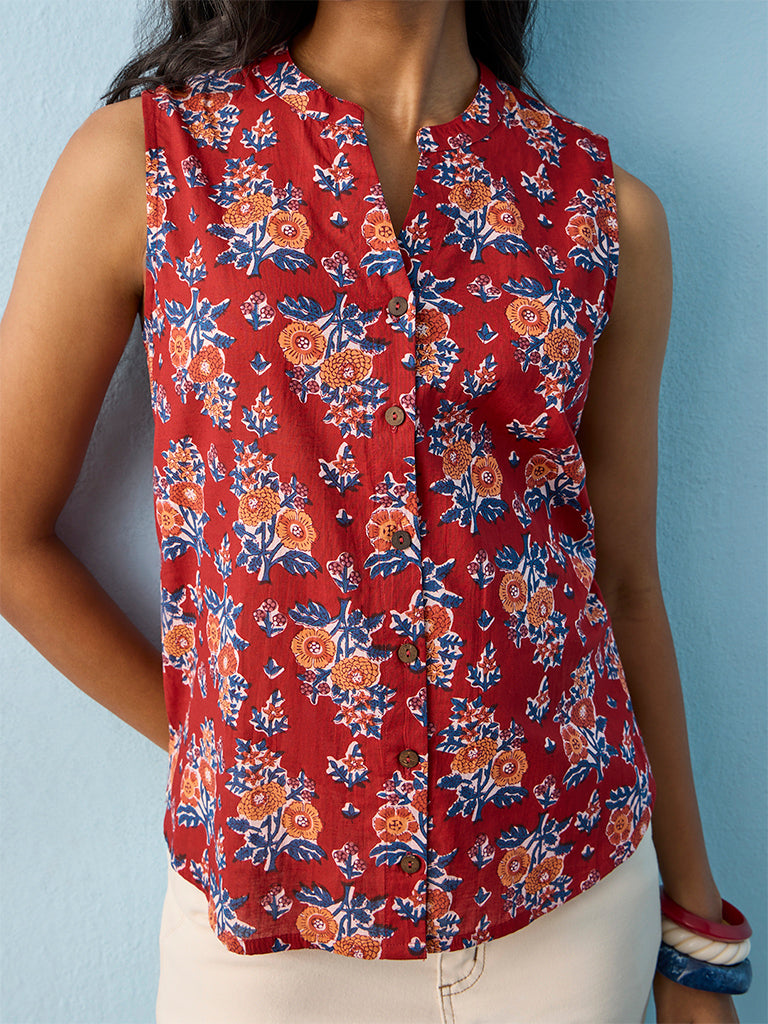 Utsa Red Floral Pattern Cotton Top