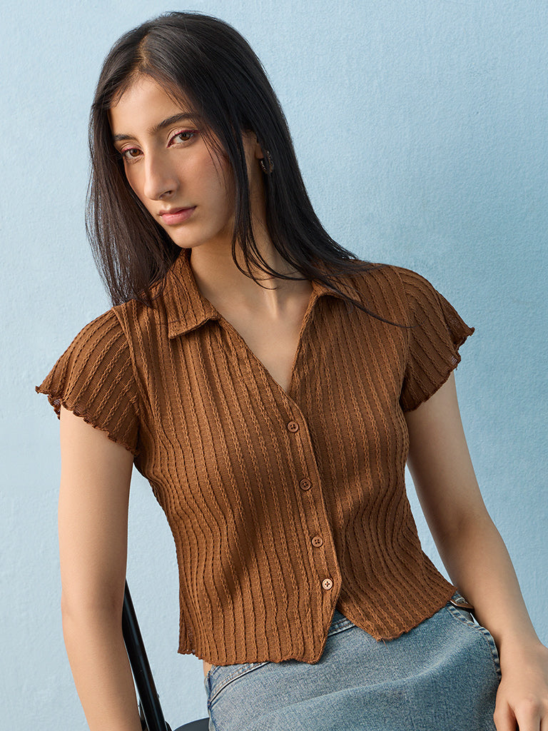 Nuon Tan Knit-Textured Top