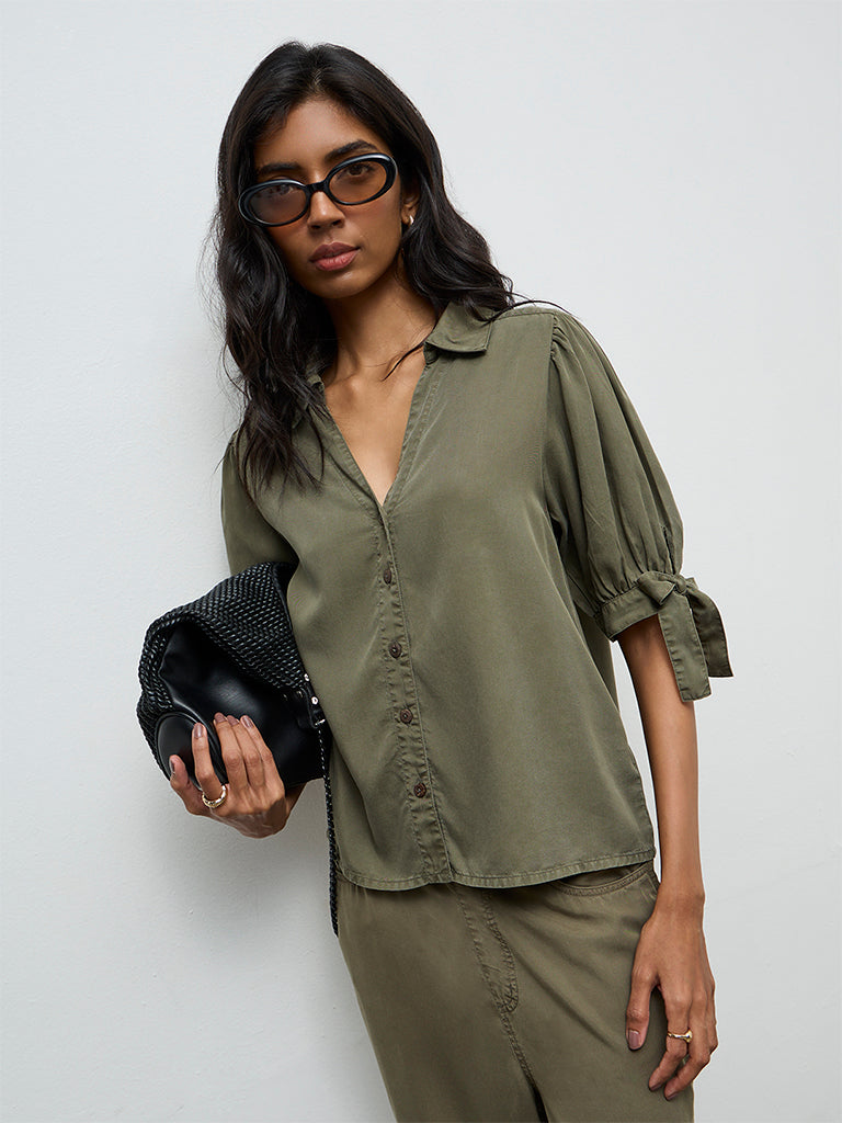LOV Olive Solid Knot-Detailed Denim Shirt