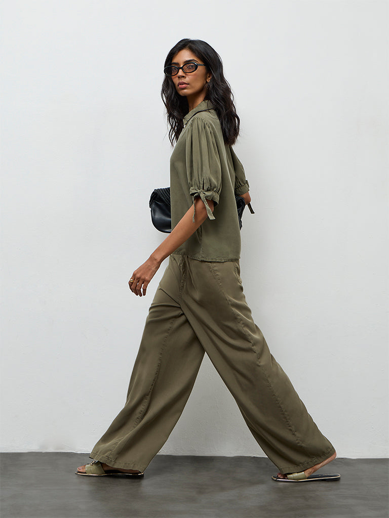 LOV Olive Solid Knot-Detailed Denim Shirt