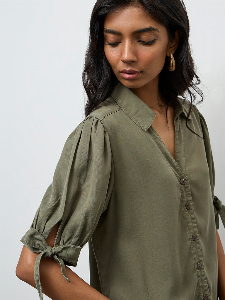 LOV Olive Solid Knot-Detailed Denim Shirt