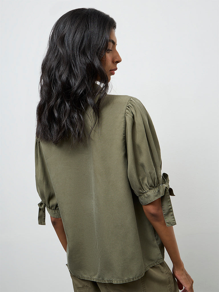 LOV Olive Solid Knot-Detailed Denim Shirt