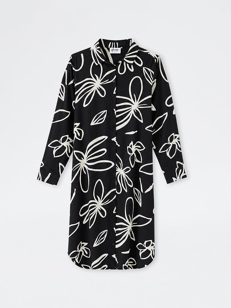 Gia Black Floral Printed Shirt Dress