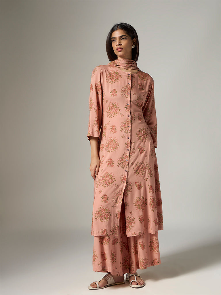 Zuba Peach Floral Detailed A-Line Kurta