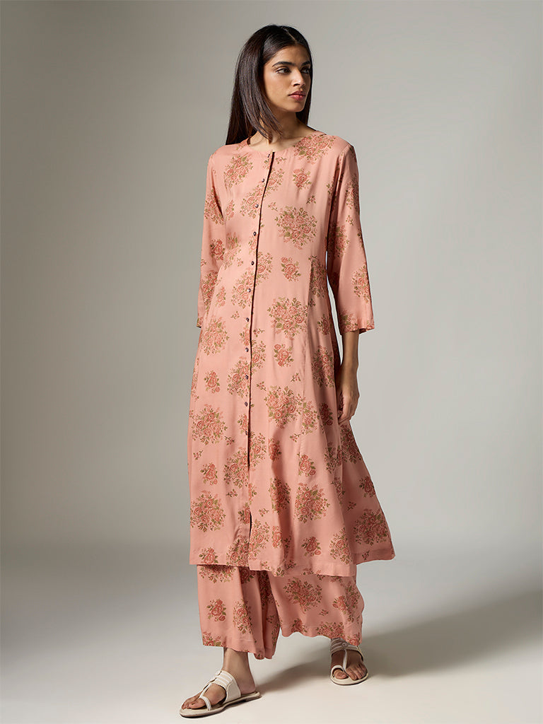 Zuba Peach Floral Detailed A-Line Kurta