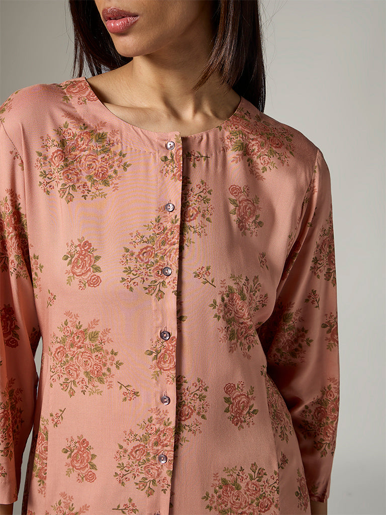 Zuba Peach Floral Detailed A-Line Kurta