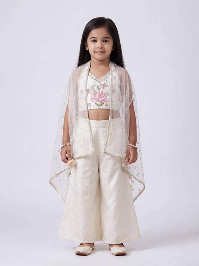 Utsa Kids Girls Off-White Floral Embroidered Top Palazzo and Shrug Set - (2-8 years)